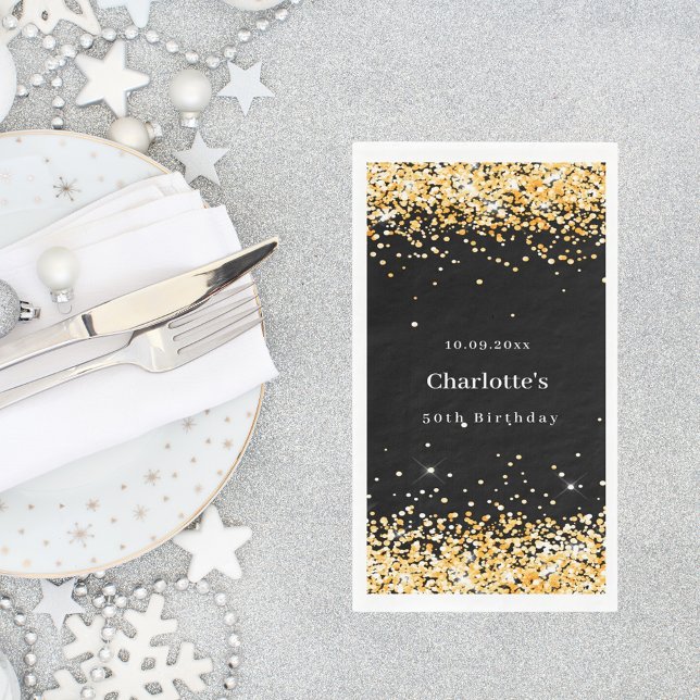 Birthday Black Gold Konfetti Name Serviette (Von Creator hochgeladen)