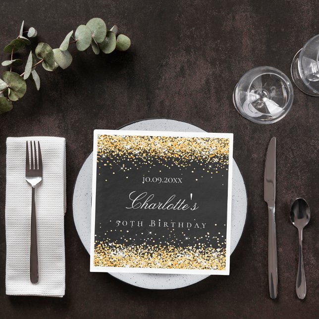 Birthday black gold name elegant luncheon serviette (Von Creator hochgeladen)