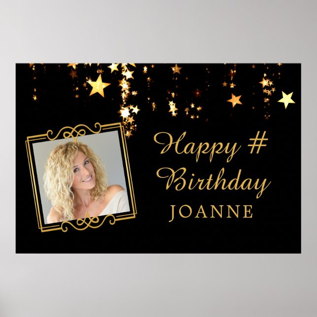 Birthday Black Gold Stars Foto Personalisiert Poster (Vorne)