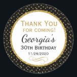 Birthday Black Gold Thank You Favor Tags Runder Aufkleber<br><div class="desc">Elegant birthday stickers featuring black and gold glitter polka dots and sophisticated gold glitter accent frame. These fashionable and stylish birthday stickers will be a hit for any birthday party decor and as favor tags. Great for 21st 30th 35th 40th 45th 50th 60th 65th 70th 75th 80th 85th 90th 95th,...</div>