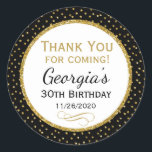 Birthday Black Gold Thank You Favor Tags Runder Aufkleber<br><div class="desc">Elegant birthday stickers featuring black and gold glitter polka dots and sophisticated gold glitter accent frame. These fashionable and stylish birthday stickers will be a hit for any birthday party decor and as favor tags. Great for 21st 30th 35th 40th 45th 50th 60th 65th 70th 75th 80th 85th 90th 95th,...</div>