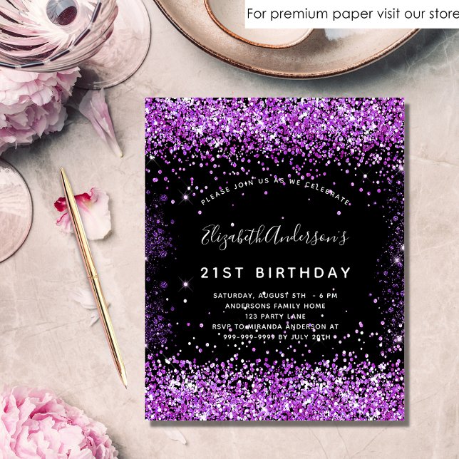 Birthday Black lila Glitzer Einladung Flyer (Von Creator hochgeladen)