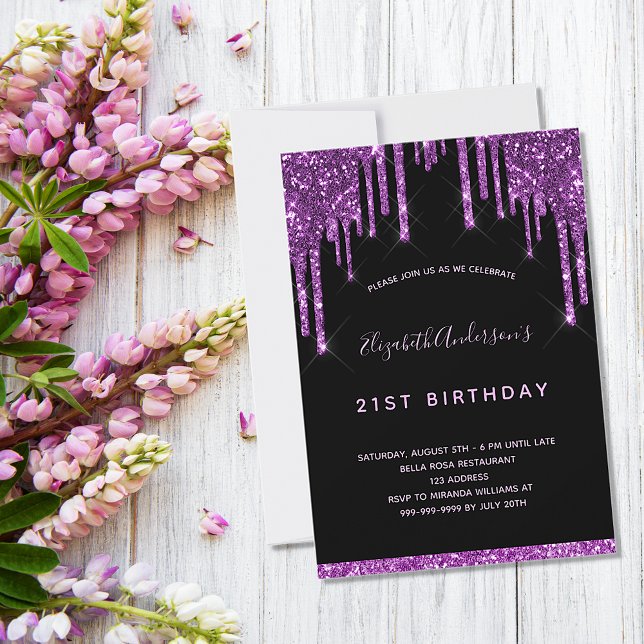 Birthday Black lila Glitzer Tropfen Luxus Einladung (Von Creator hochgeladen)