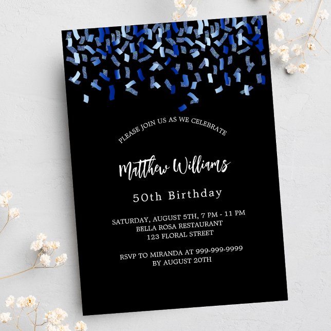 Birthday Black Marine Blue Confetti Einladungspostkarte (Von Creator hochgeladen)