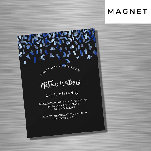 Birthday Black Marine Blue Konfetti Luxus Magneteinladung (Von Creator hochgeladen)