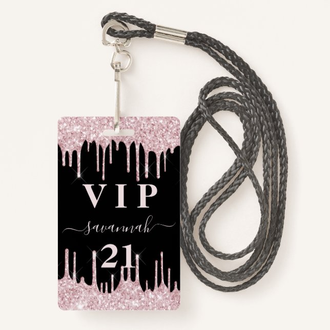 Birthday Black Pink Glitzer Tropfen Vip Einladung Ausweis (Vorderseite mit Schlüsselband)