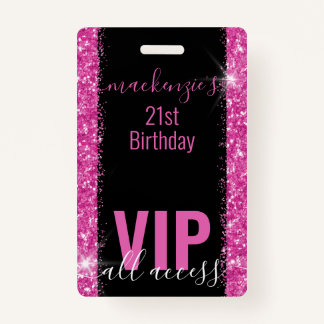 Birthday Black Pink Glitzer VIP Party Einladung Ausweis