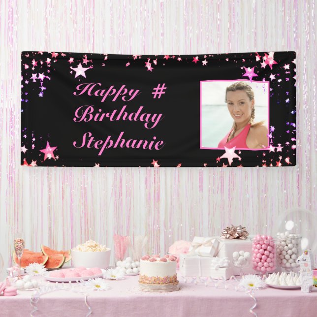 Birthday Black Pink Stars Foto Personalisiert Banner (Party)