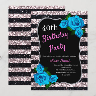 Birthday Black Pink Stripes Glitzer Blau Rose Einladung