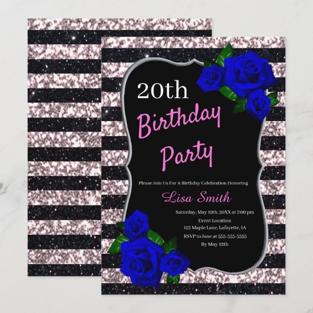 Birthday Black Pink Stripes Glitzer Deep Blue Rose Einladung (Vorne/Hinten)