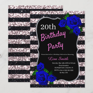 Birthday Black Pink Stripes Glitzer Deep Blue Rose Einladung