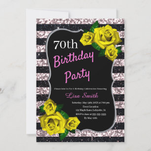 Birthday Black Pink Stripes Glitzer Gelbe Rosen Einladung