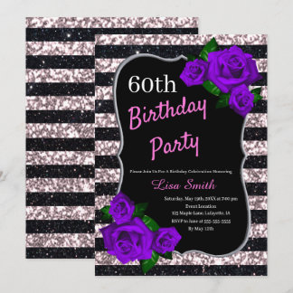 Birthday Black Pink Stripes Glitzer Lila Rose Einladung