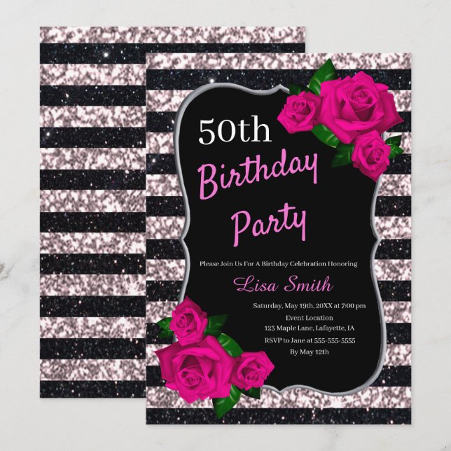 Birthday Black Pink Stripes Glitzer Roses Einladung (Vorne/Hinten)