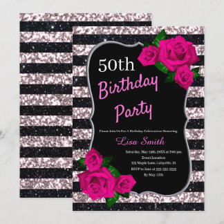 Birthday Black Pink Stripes Glitzer Roses Einladung