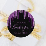 Birthday black purple glitter sparkle thank you runder aufkleber<br><div class="desc">A classic elegant black background decorated with dark purple colored faux glitter drips, paint dripping look and a small pink rose. With the text: Thank You! written with a modern hand lettered style script. Personalize and add a date and a name. Purple letters. Perfect for party favors or thank you...</div>
