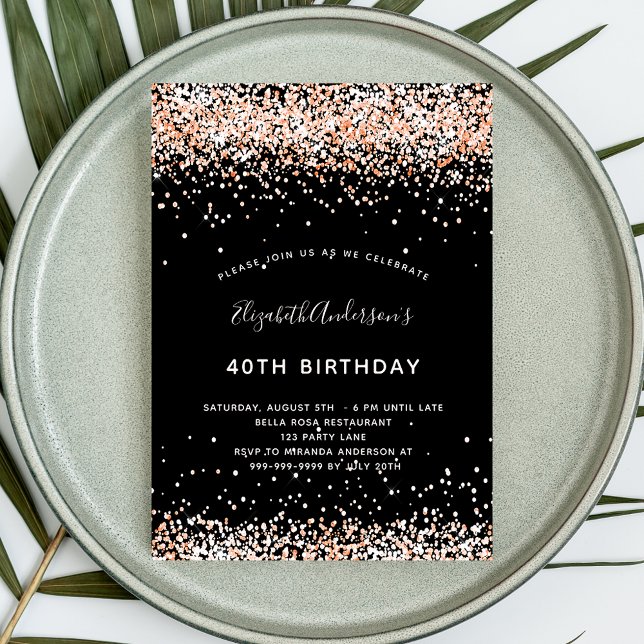 Birthday Black Rose Gold Glitzer Einladung (Von Creator hochgeladen)