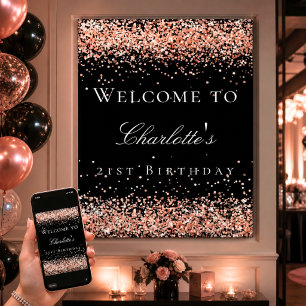 Birthday Black Rose Gold Glitzer Empfang Poster