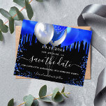 Birthday Black Royal Blue Budget Save the Date Flyer<br><div class="desc">Bitte beachten Sie, dass dies Save the Date auf Flyer Papier und sehr dünn ist. Umschläge sind nicht enthalten. Für eine dickere Save the Date Karte (dasselbe Design) besuchen Sie bitte unseren Shop Schwarzer Hintergrund mit königsblauen Tropfen, Konfetti und Ballons. Personalisieren und fügen Sie Datum und Name/Alter hinzu. Der Text:...</div>