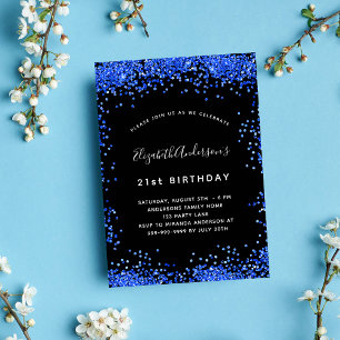 Birthday Black Royal Blue Glitzern Party Einladung