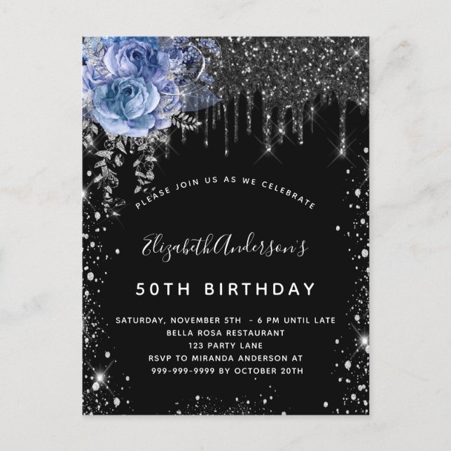 Birthday Black silber Glitzer Blau Einladungspostkarte (Vorderseite)