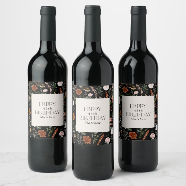 Birthday Black Terracotta floral modernen botanisc Weinetikett (Flaschen)
