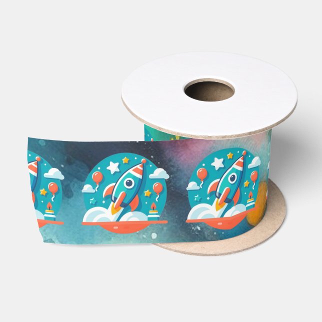 Birthday Blastoff: Rocket Ship Adventure Pattern Satinband (Spule)