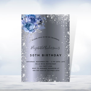 Birthday Blau Blumen Silberstaub Glitzer Einladung