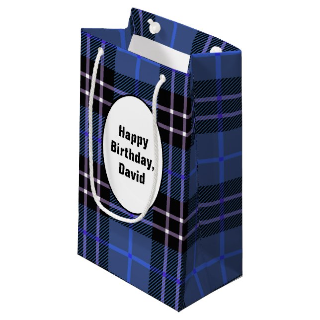 Birthday Blau und Schwarz Kariert Kleine Geschenktüte (Vorderseite Schrägansicht)