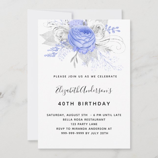 Birthday blauen Blumen elegant silberweiß Einladung (Vorderseite)