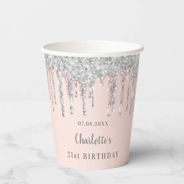Birthday Blink Pink Silber Glitzer Tropfen Pappbecher (Rückseite)