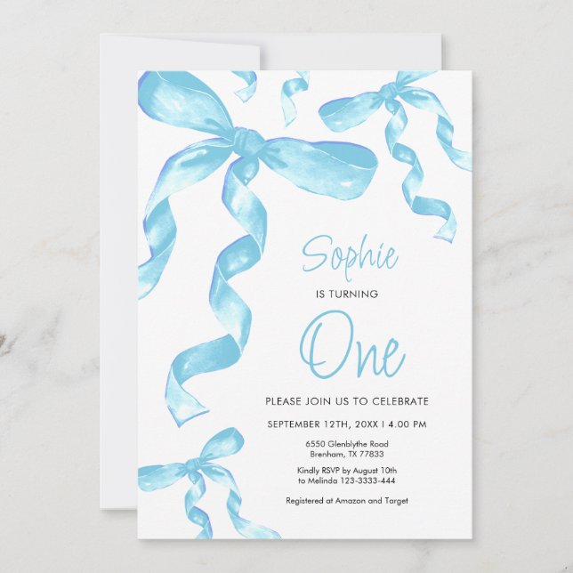 Birthday Blue Bow Einladung (Vorderseite)