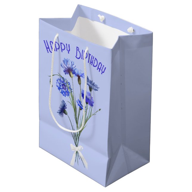 Birthday Blue Cornflower Bouquet Mittlere Geschenktüte (Vorderseite Schrägansicht)