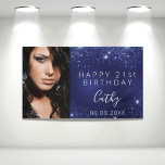 Birthday blue glitter dust custom photo welcome banner<br><div class="desc">Celebrating a 21st (or any age) milestone birthday for a girl/woman. A dark blue background. The blue color is uneven. Decorated with faux glitter dust. Personalize and add your own photo of the birthday girl. Use a vertical/portrait size photo. The text: The name in gray with a modern hand lettered...</div>