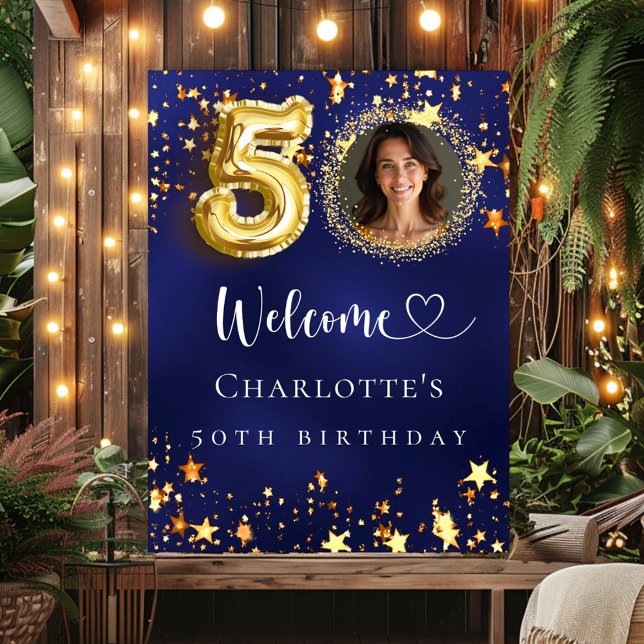 Birthday Blue Gold Stars Foto Empfang Poster (Von Creator hochgeladen)