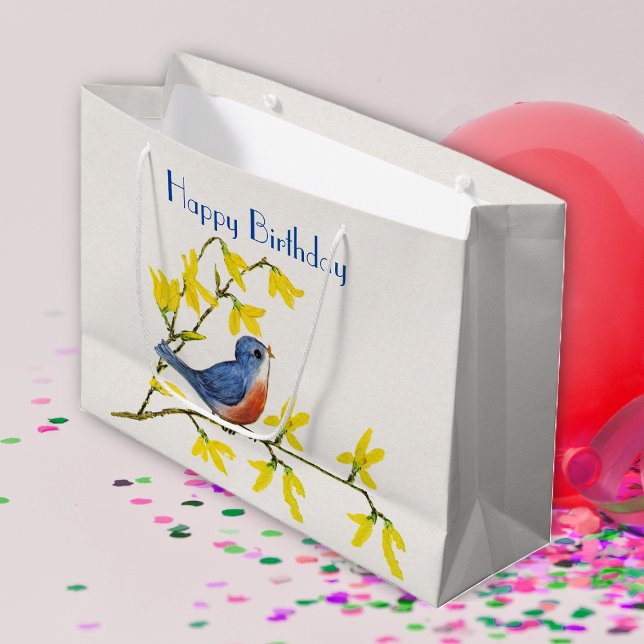 Birthday Blue Red Bird auf Branch Hübsche Blume Große Geschenktüte (cute little red and blue bird on branch with yellow flowers on white Happy Birthday gift bag.)