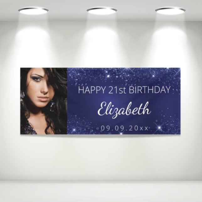 Birthday Blue silber Glitzer Staub Custom Foto Banner (Von Creator hochgeladen)
