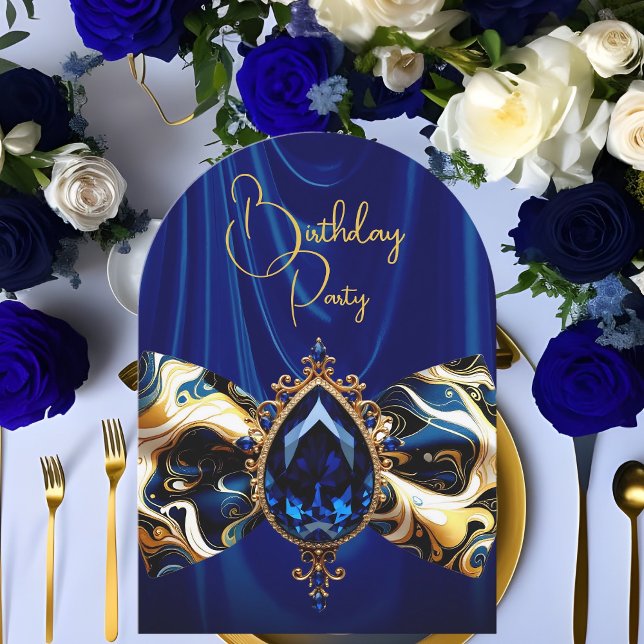 Birthday Blue Silk Imitats Gold Jewel Paisley Einladung (Von Creator hochgeladen)