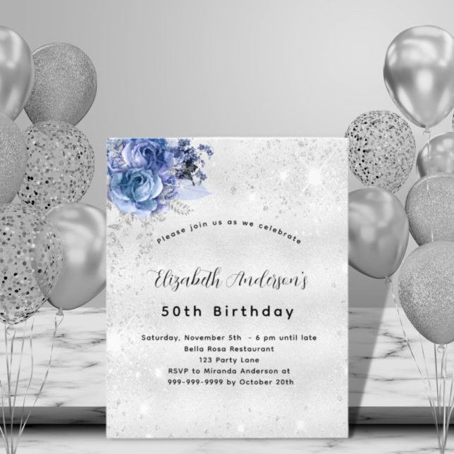 Birthday Blue Silver floral Einladung zum Haushalt Flyer (Von Creator hochgeladen)