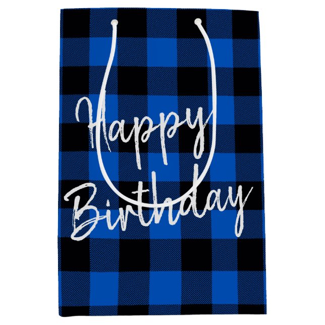 Birthday Blue und Black Buffalo Kariert Mittlere Geschenktüte (Vorderseite)