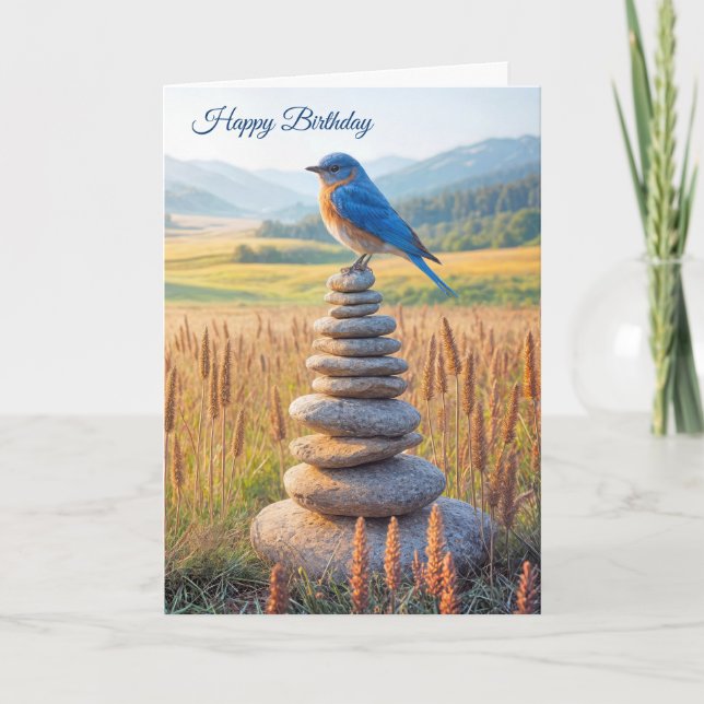 Birthday Bluebird on Stone Cairn Karte (Vorderseite)