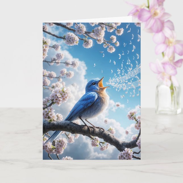 Birthday Bluebird singen auf einem Kirschbaumzweig Karte (Orchidee)