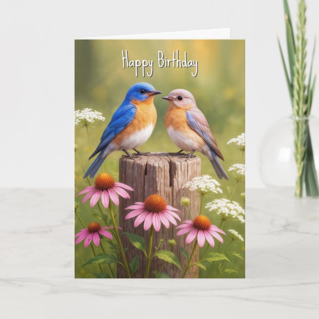 Birthday Bluebirds auf Zaun Post Karte (Vorderseite)
