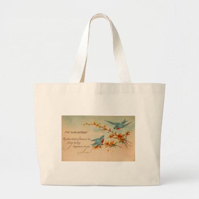 Birthday Bluebirds Vintage Postkarte Jumbo Stoffbeutel (Vorne)