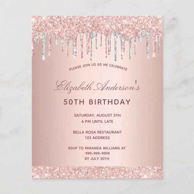 Birthday Blush Rose Gold Silber Einladung Flyer (Vorne)