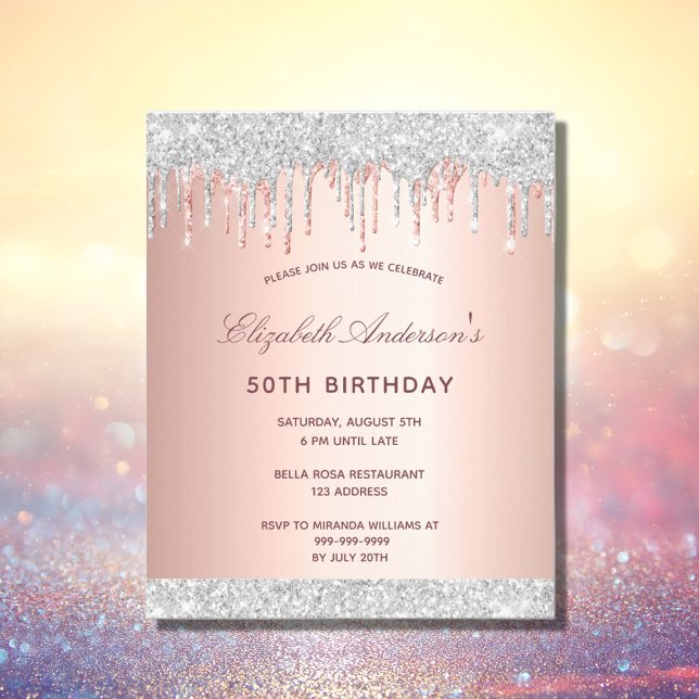 Birthday Blush Rose Gold Silber Einladung Flyer (Von Creator hochgeladen)