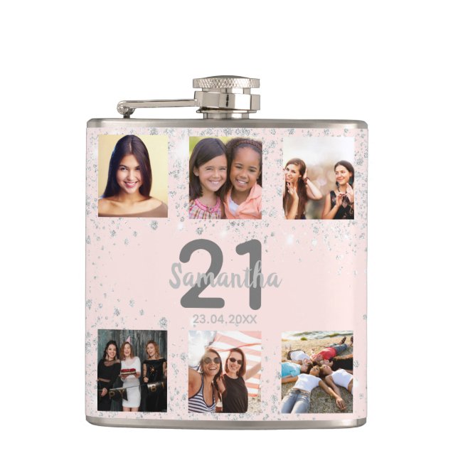 Birthday Blush Silber Glitzer Foto Collage Name Flachmann (Vorderseite)