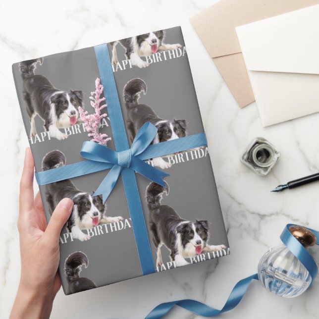 Birthday Border Collie auf Grau Geschenkpapier (Schenken)