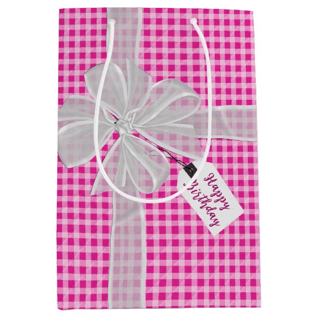 Birthday Bow on Gingham Mittlere Geschenktüte (Vorderseite)