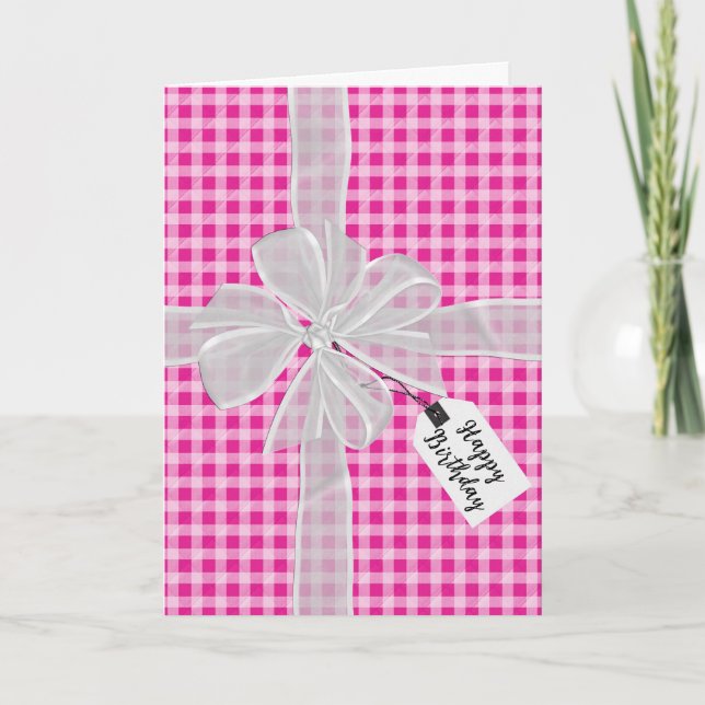 Birthday Bow on Pink Gingham Karte (Vorderseite)